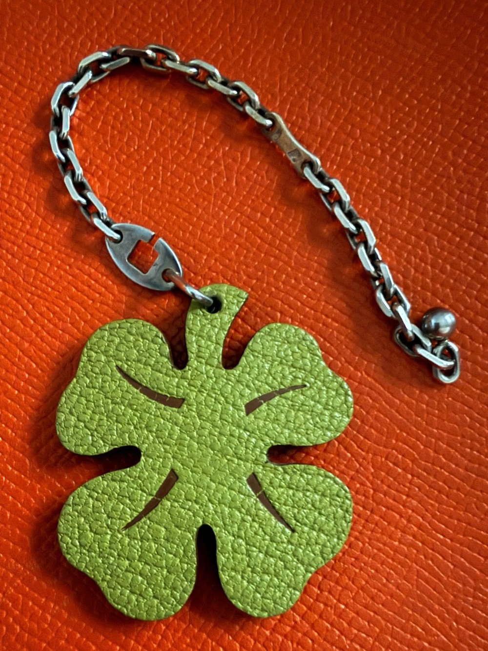Hermes Lucky 4-Leaf Clover Bag Charm Key - Orange & Vert Anis Chèvre Leather